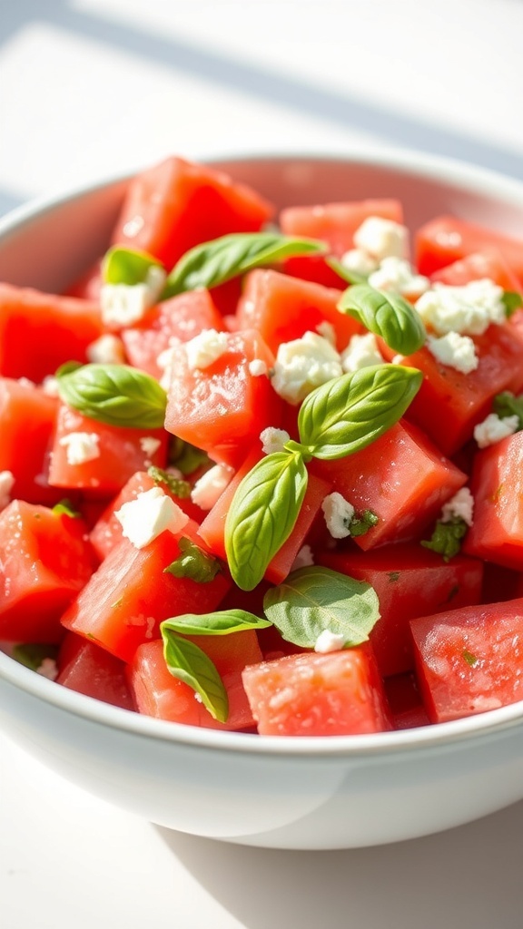A refreshing tomato watermelon salad with tomatoes, watermelon, basil, and feta cheese in a bowl.